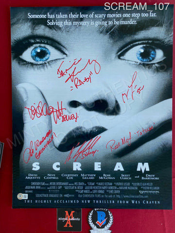 SCREAM_107 - 16x20 Photo Autographed By (6) Neve Campbell, Matthew Lillard, Jamie Kennedy, David Arquette, Lee Waddell & Rose McGowan